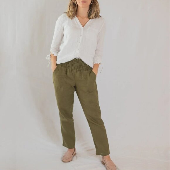 Emme Mama Transitional Maternity Smocked Linen Pant Women's XS Olive Green - Picture 2 of 16